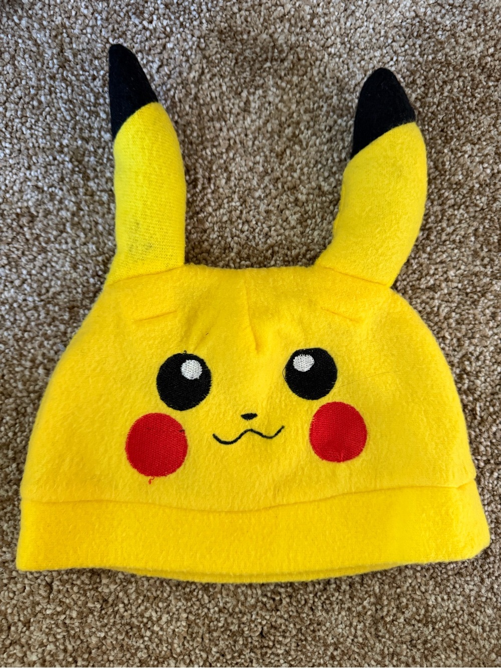 Pokemon Yellow Pikachu Plush Hat with Black Ear Tips and Red Cheeks